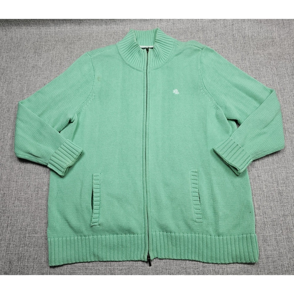 Ralph Lauren Sweater Cardigan Womens Large Green Full Zip Knit Jacket LRL